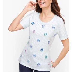 Talbots Womens T Shirt Size M Embroidered Flip Flops Nautical Beach Vacation Tee